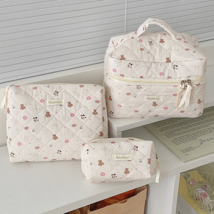 Bow Flower Large Capacity Makeup Bag Vintage Quilted Toiletry Pouch