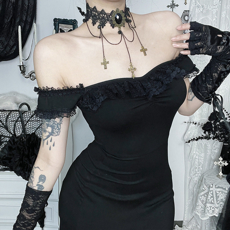 Gothic Lace Off-Shoulder High Slit Maxi Dress
