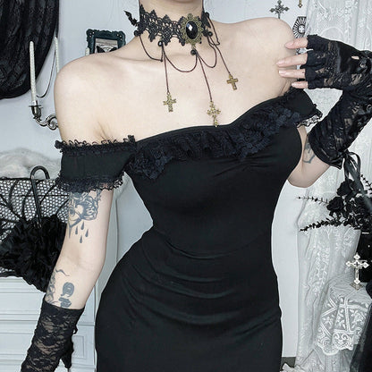 Gothic Lace Off-Shoulder High Slit Maxi Dress