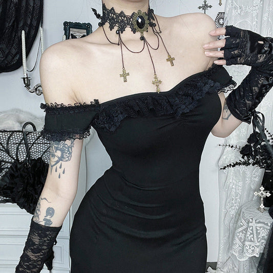 Gothic Lace Off-Shoulder High Slit Maxi Dress