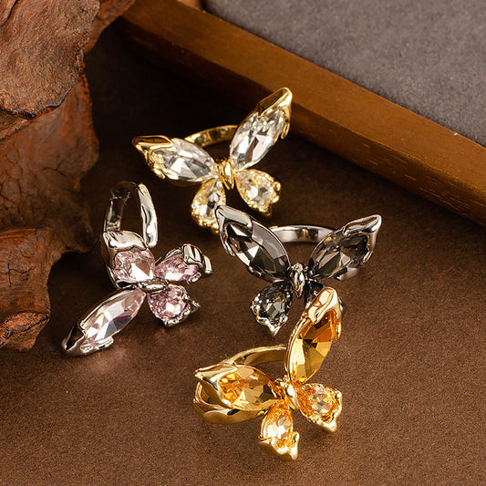 Fashion Crystal Butterfly Adjustable Open Ring For Women