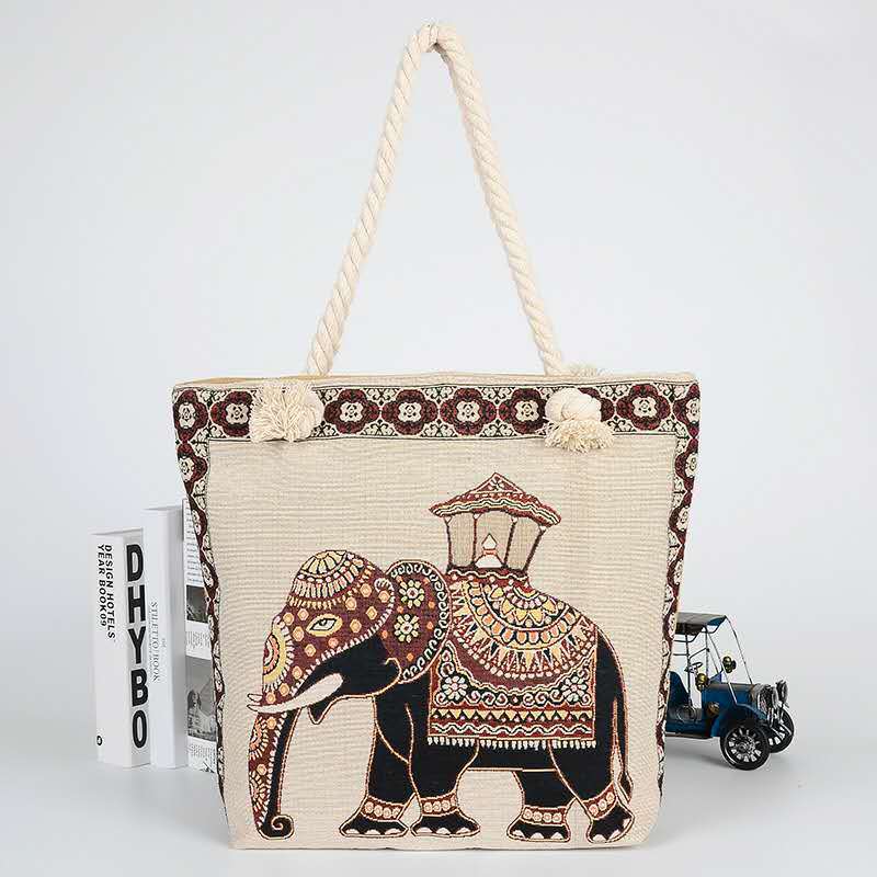 Double-Sided Ethnic Style Embroidery Bag Women'S Live Embroidery Peacock Elephant Canvas Bag