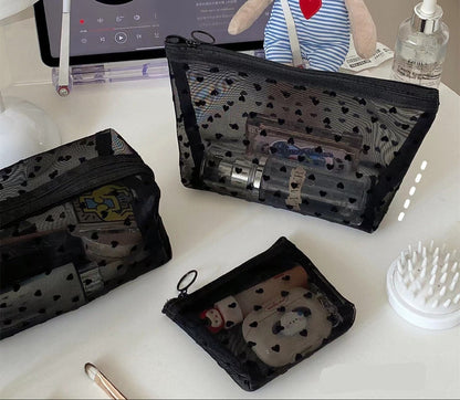 Black Heart Velvet Mesh Makeup Organizer Bag