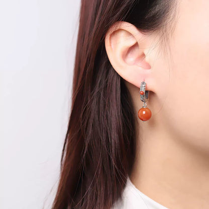 Ethnic Style Retro Classic Earrings With Red Beads Earrings Hollow Out Old Women'S Temperament Ear Jewelry