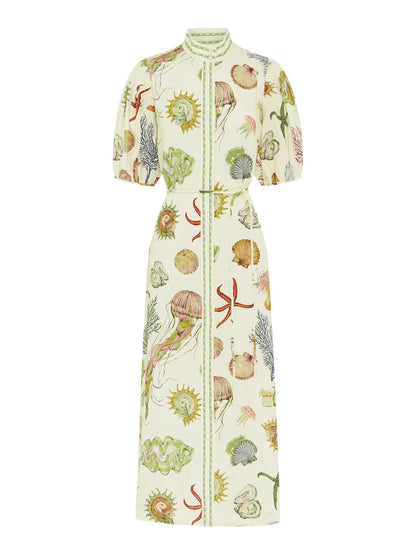 Casual Elegant Animal Pattern Linen Dress with Stand Collar