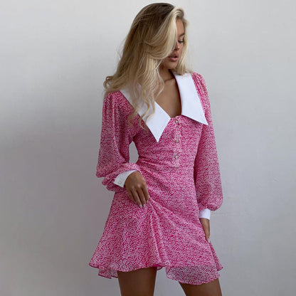 Elegant Doll Collar Long Sleeve A-Line Dress With Animal Print