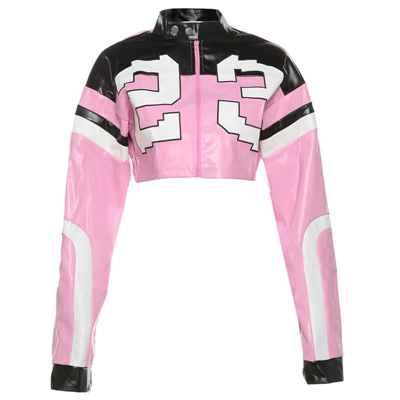 Trendy Color Block Embroidered Biker Jacket