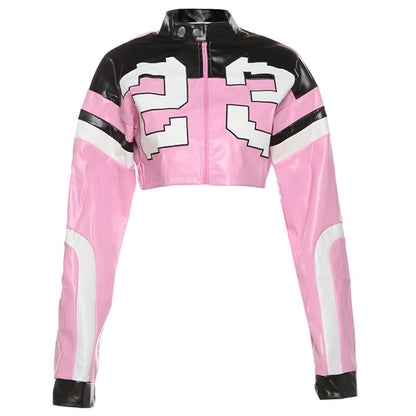 Trendy Color Block Embroidered Biker Jacket