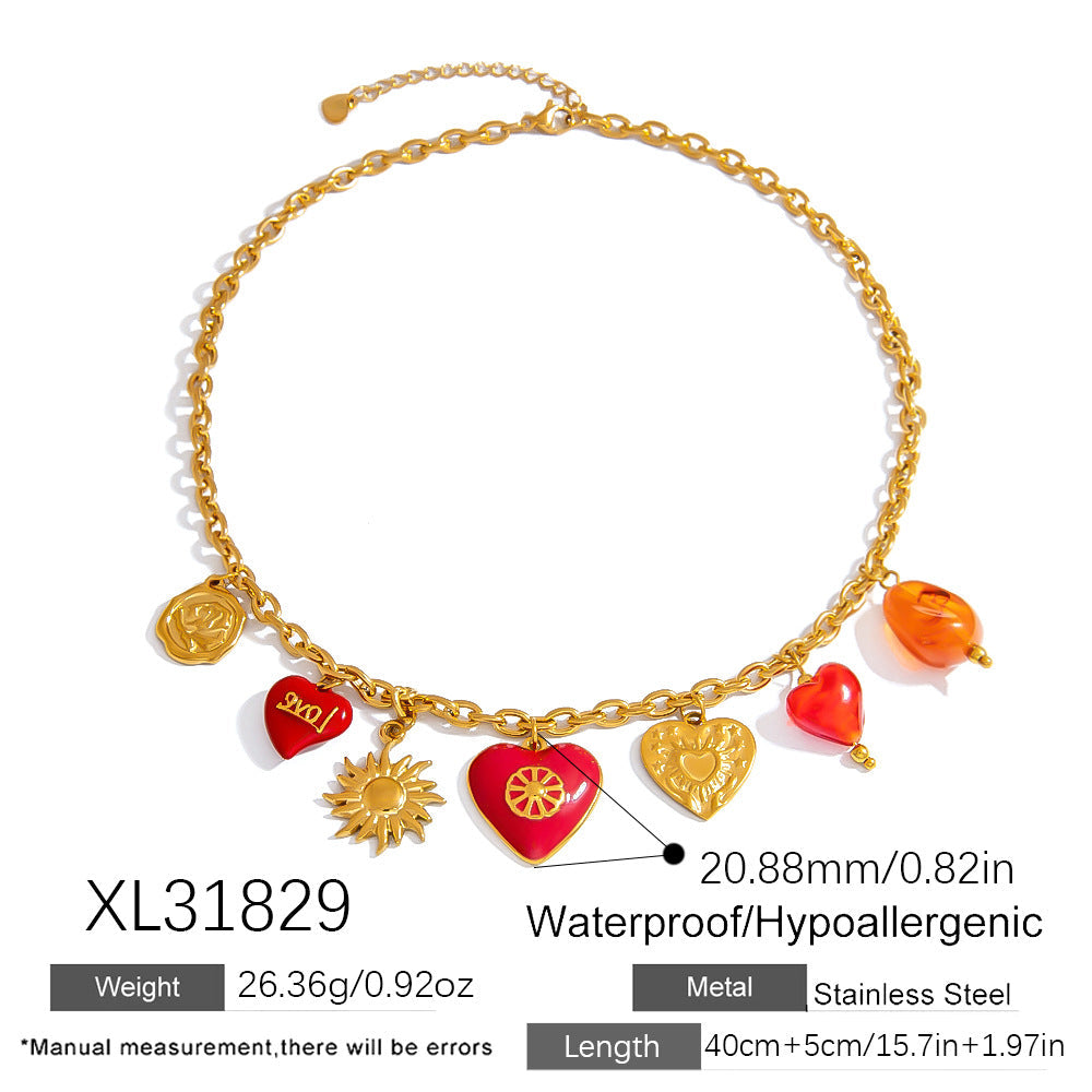 Heart Sun Pendant Stainless Steel Necklace Elegant Locking Clavicle Chain