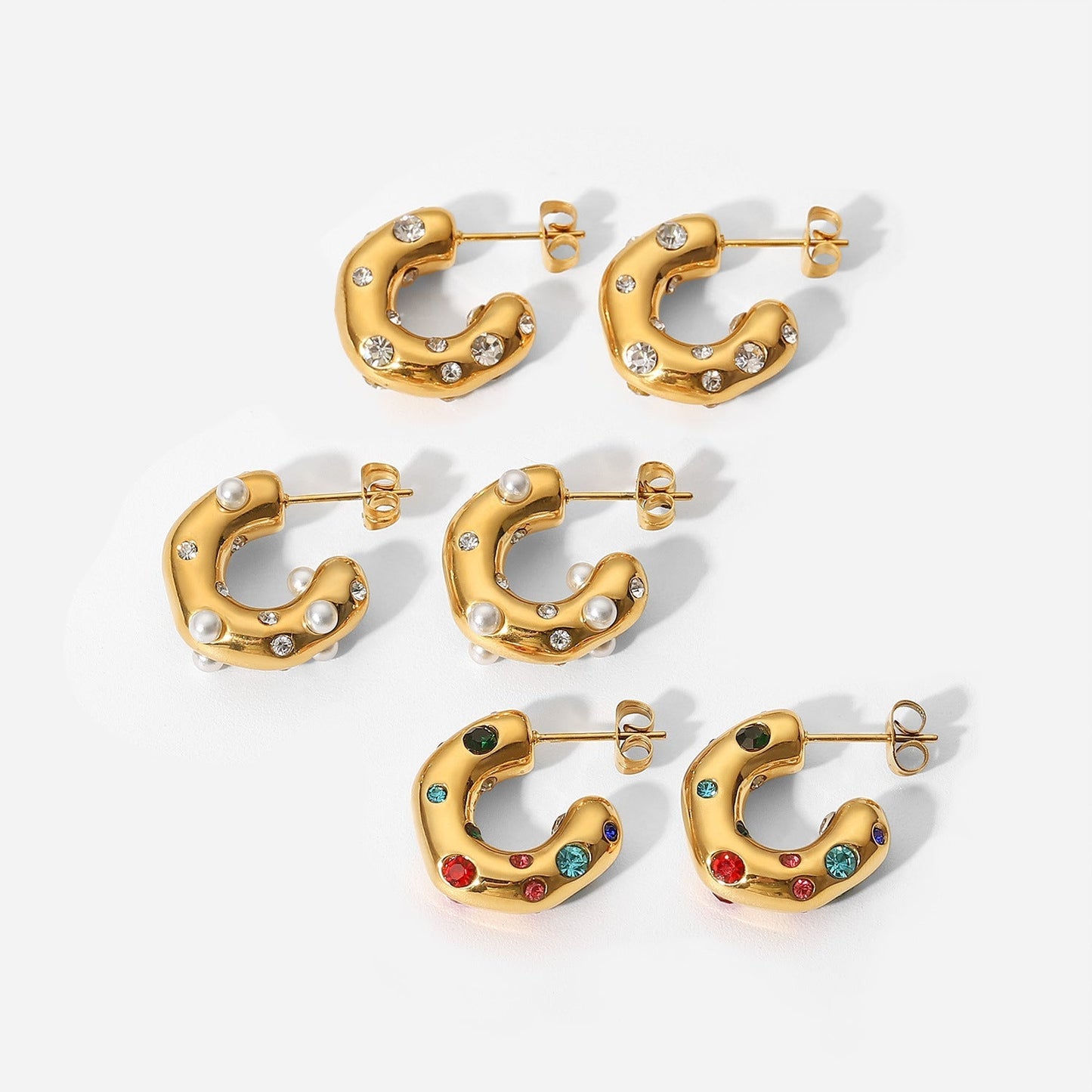 Colorful Zircon Pearl C-Shaped Stud Earrings
