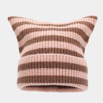 Winter Beanie Striped Color Contrast Warm Knit Hat