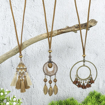 Bohemian Long Pendant Necklace with Tassels and Floral Design