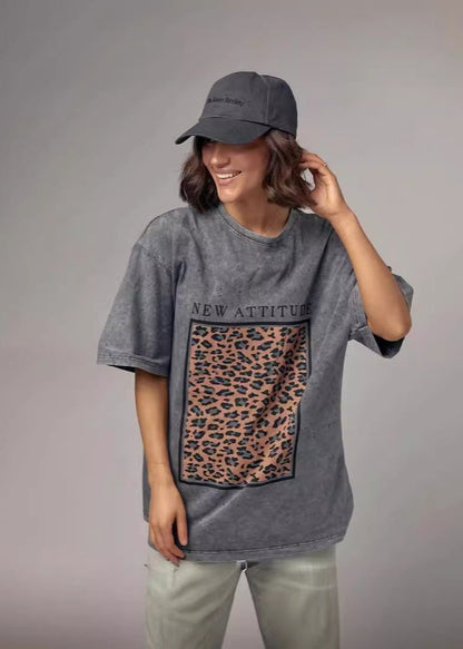 Cotton Graphic Tee With Leopard Statement