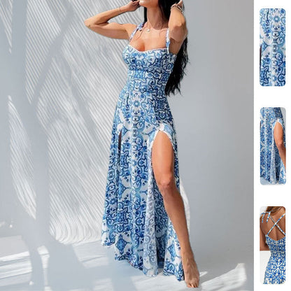 Elegant Backless Floral Dress with Waist Tie for Women