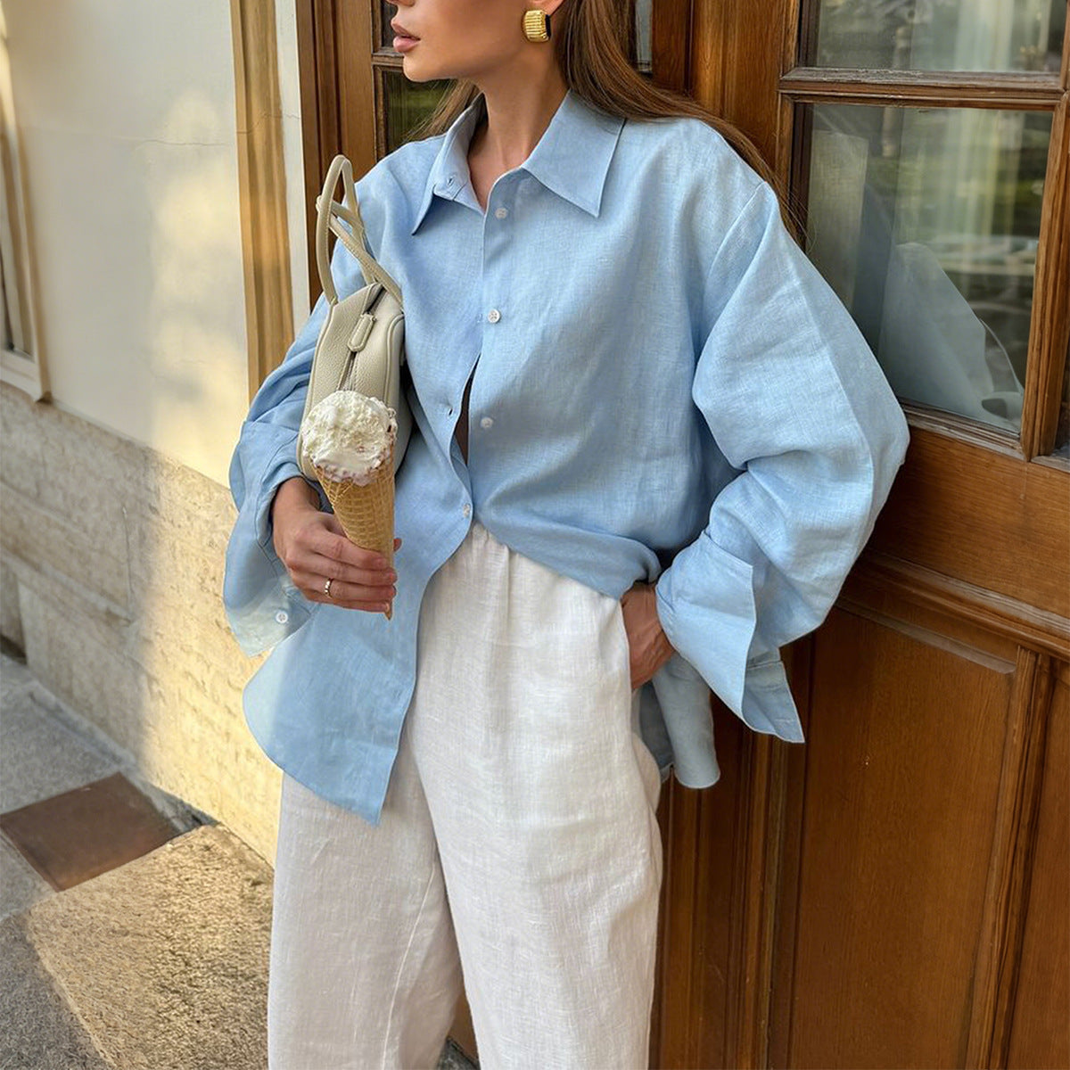 Casual Solid Long Sleeve Shirt for Women