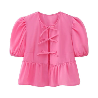 Cute Tie Front Round Neck Pullover Top