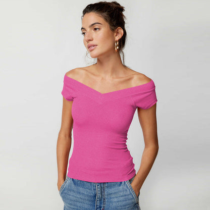Y2K Solid Color V-Neck Knit T-Shirt for Women