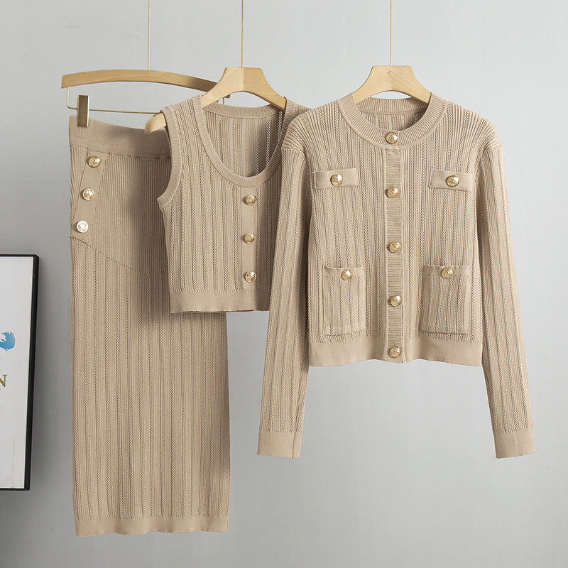 3 Pcs Knit Solid Color Office Suit Set