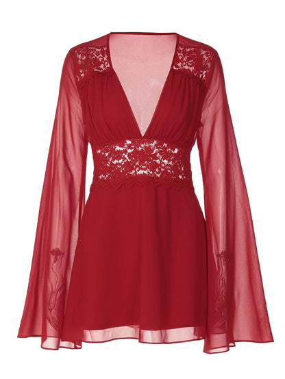 French Style Elegant Deep V Lace Midi Dress