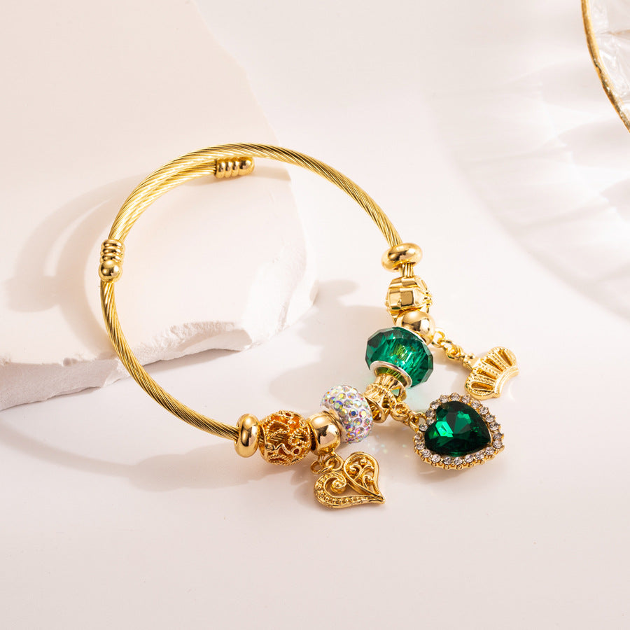 Heart-Shaped Crystal Bracelet Adjustable Handcrafted Stainless Steel Bangle