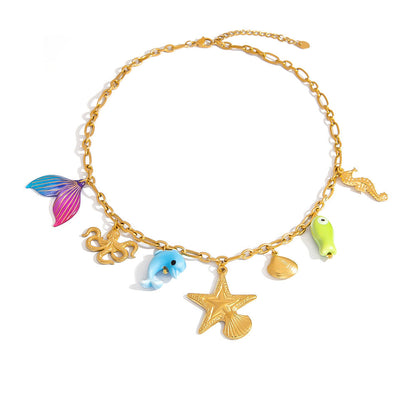 Ocean-Inspired Stainless Steel Necklace with Flower Pendant