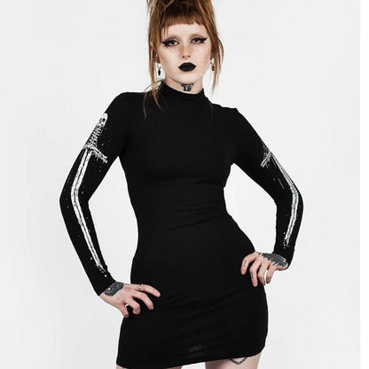 Skeleton Sword Print Long Sleeve Mini Dress for Casual Wear