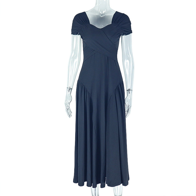 Elegant Solid Color Pleated A-Line Dress With V-Neck And Short Sleeves