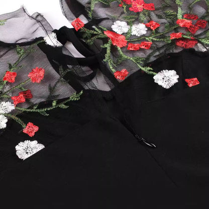 Vintage Polka Dot Pleated Dress Black Embroidery Elegant Style
