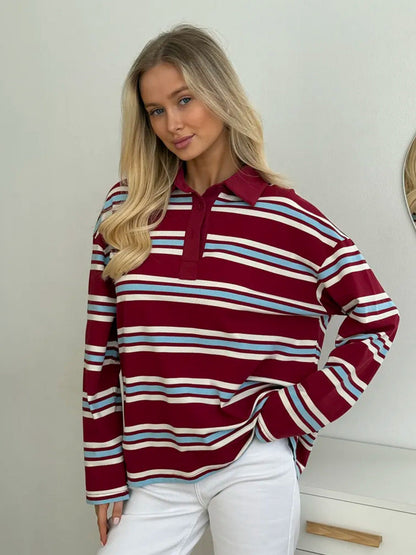 Striped Polo Shirt for Women Loose Fit Retro Style