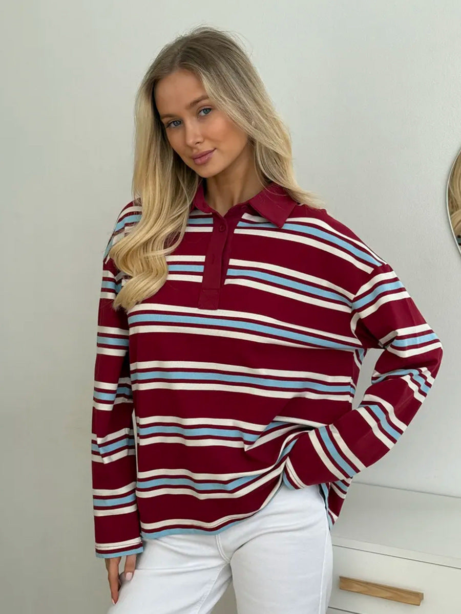 Striped Polo T-Shirt for Women Casual Loose Fit Cotton