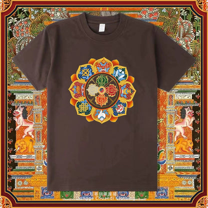 Diamond Pestle Babao New Printed Pure Cotton Mantra Wheel T-Shirt Top, Buddhist Men'S And Women'S High-End Clothing