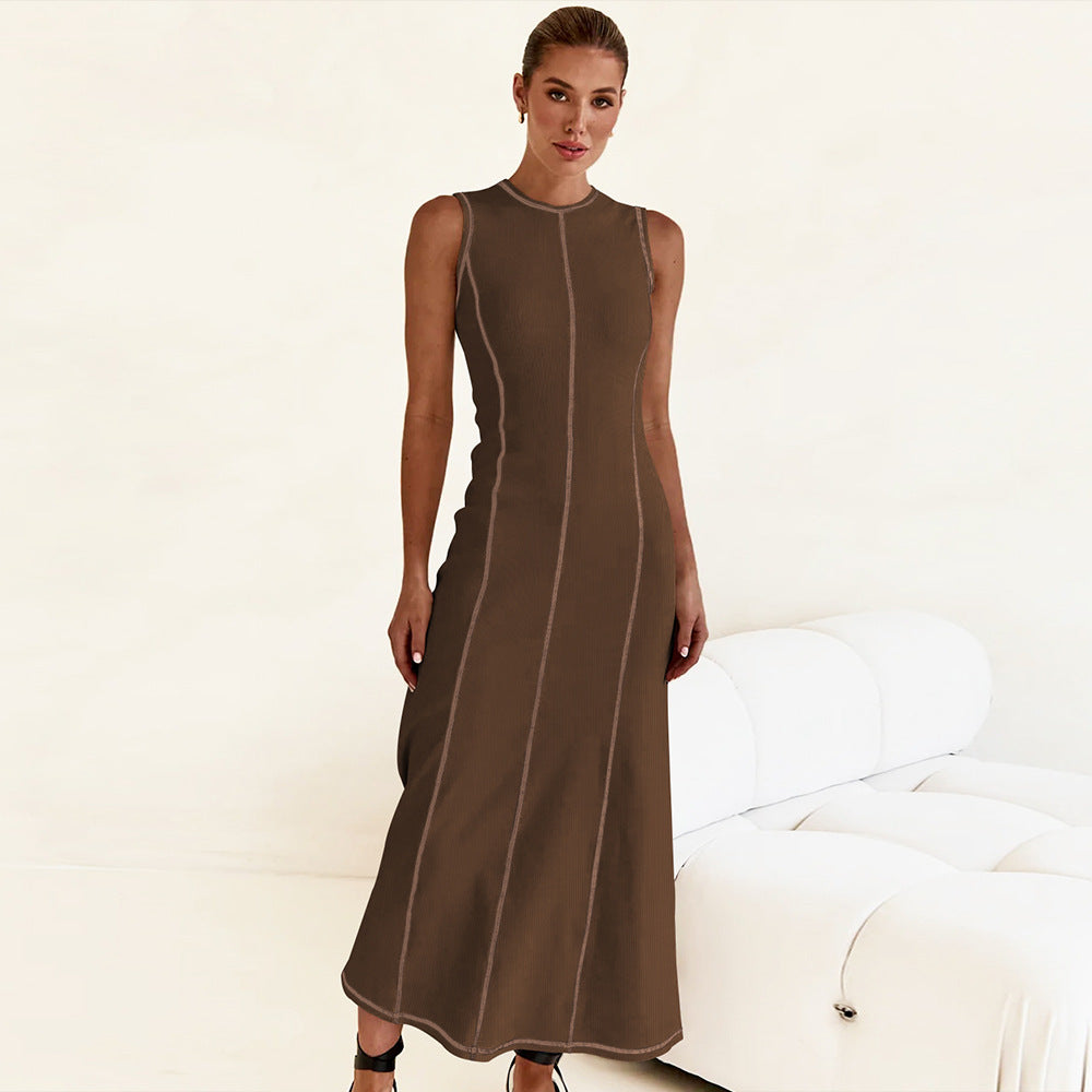New Y2K Knit Sleeveless A-Line Dress with Round Neck