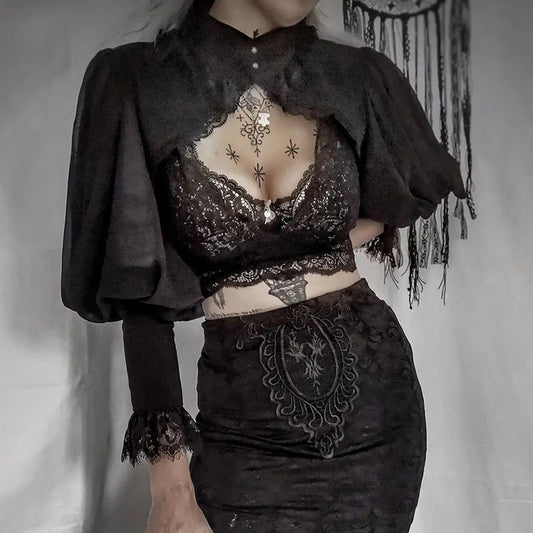 Short Black Lace Trim High Neck Top