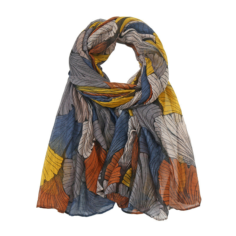Printed Bali Scarf Women'S Ginkgo Biloba Cotton Linen Hand Feel Silk Scarf Large Shawl