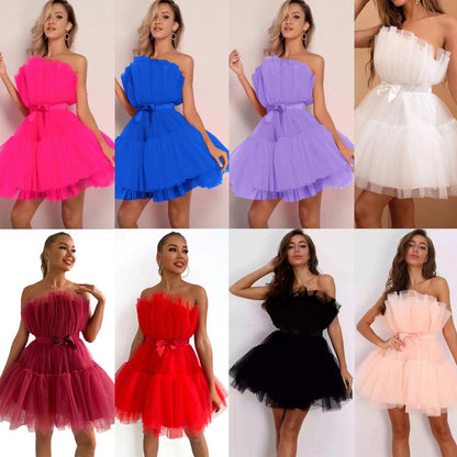 Strapless Tulle Bow Dress Elegant Flare Cocktail Dress