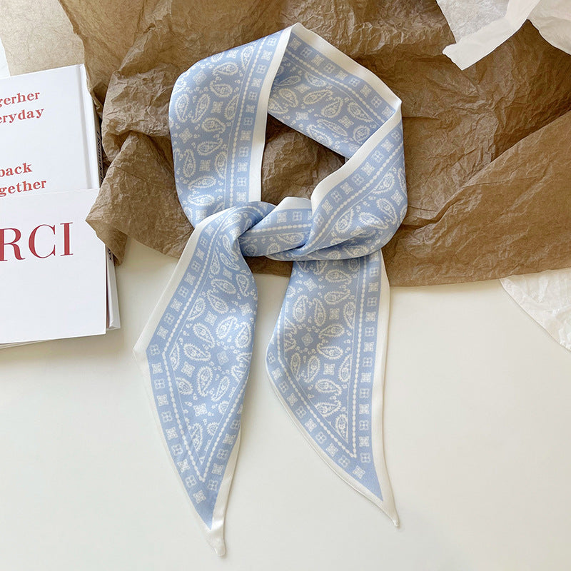 Print Narrow Long Satin Silk-Feel Scarf