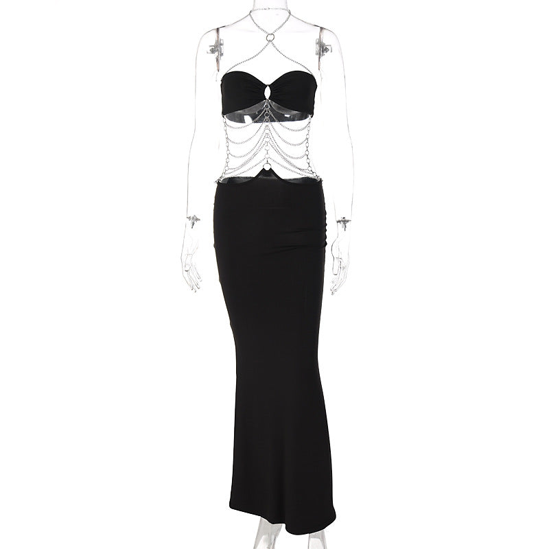Metal Chain Strap Chest Wrap Dress Elegant Casual
