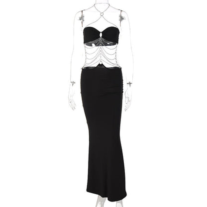 Metal Chain Strap Chest Wrap Dress Elegant Casual