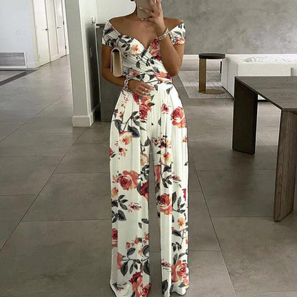 Elegant Off-Shoulder Floral Jumpsuit Stylish High-Waisted Pants