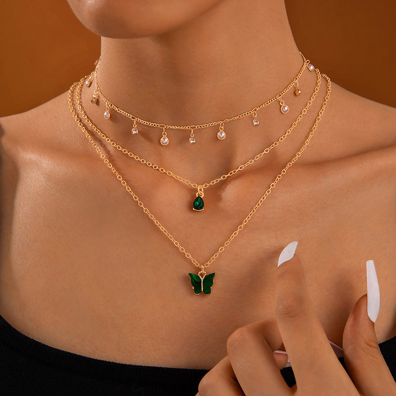Emerald Green Butterfly Necklace With Layered Design And Heart Charm