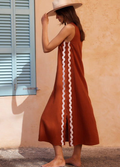 Sleeveless Acetate Midi Dress with Wavy Trim