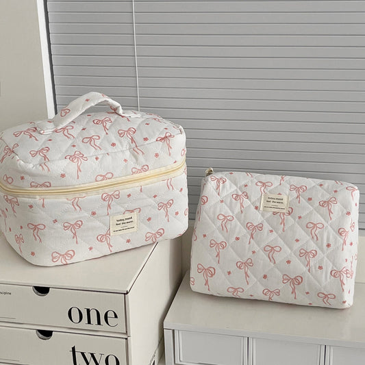 Pink Bow Print Sweet Portable Make Up Bag