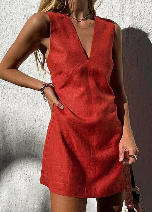 Deep V Linen Mini Dress Sleeveless Sculptural