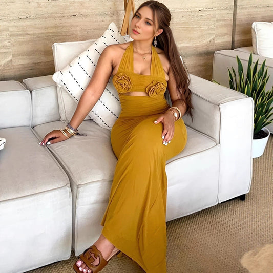 Chic Sleeveless High Waist Maxi Dress With 3D Floral Accents