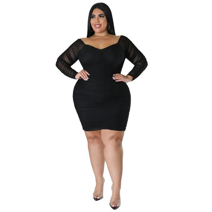 Plus Size Autumn Dress With Mesh Sleeves