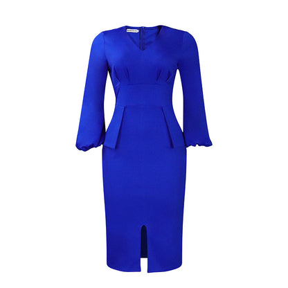 V-Neck Puff Sleeve High Waist Pencil Dress