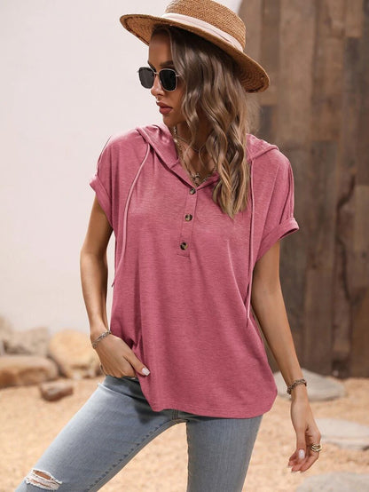 Summer Women'S Loose Hooded Button Short Sleeve T-Shirt