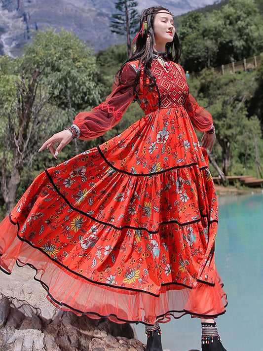 Retro Ethnic Style Women'S Dress Long Sleeve Midi Dress