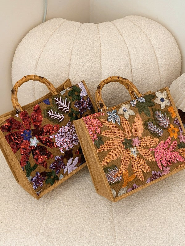 Chic Sequined Embroidered Floral Tote Bag for Women