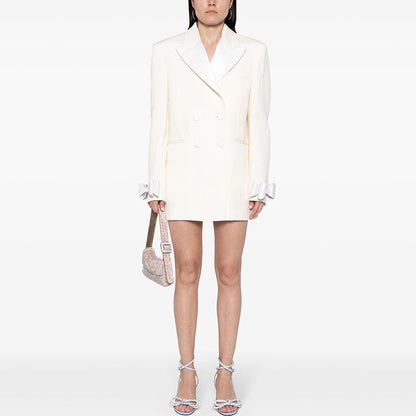 Double-Breasted Satin Long Blazer With Bow Tie